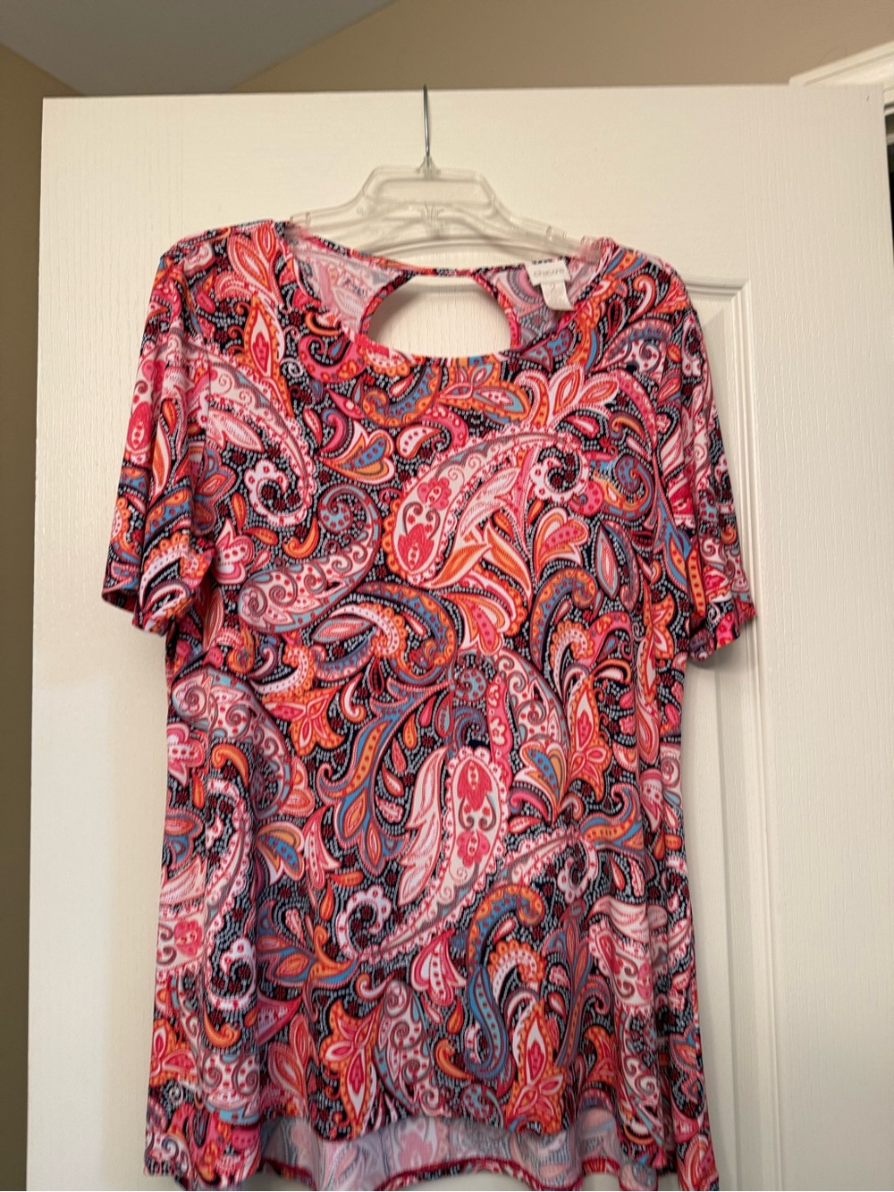Chico's Pink & Coral Paisley Keyhole Short Sleeve Top